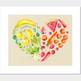 Fruits Vegetables Heart Watercolor Posters and Art